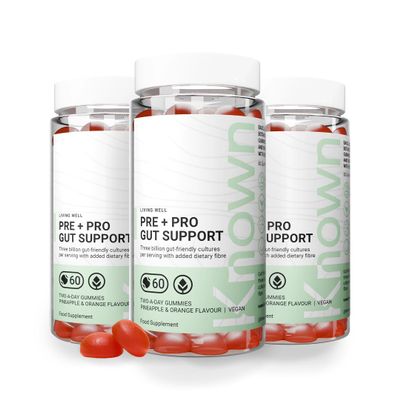 Known Tasty Pre+Pro Gut Support Gummies with CFU Bacillus Coagulans - Natural Pineapple & Orange Flavour - 60 Two-a-Day Vegan Vitamin Gummies, 3 Month Supply