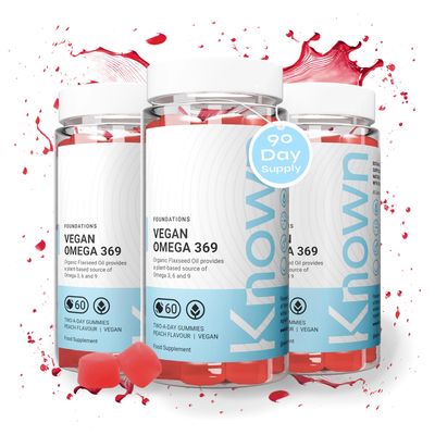 Known Tasty Vegan Omega 3 6 9 Gummies - 400mg Organic Flaxseed Oil - Supports Heart & Brain Health - Natural Peach Flavour - 60 Gummies, 3 Months Supply (3)