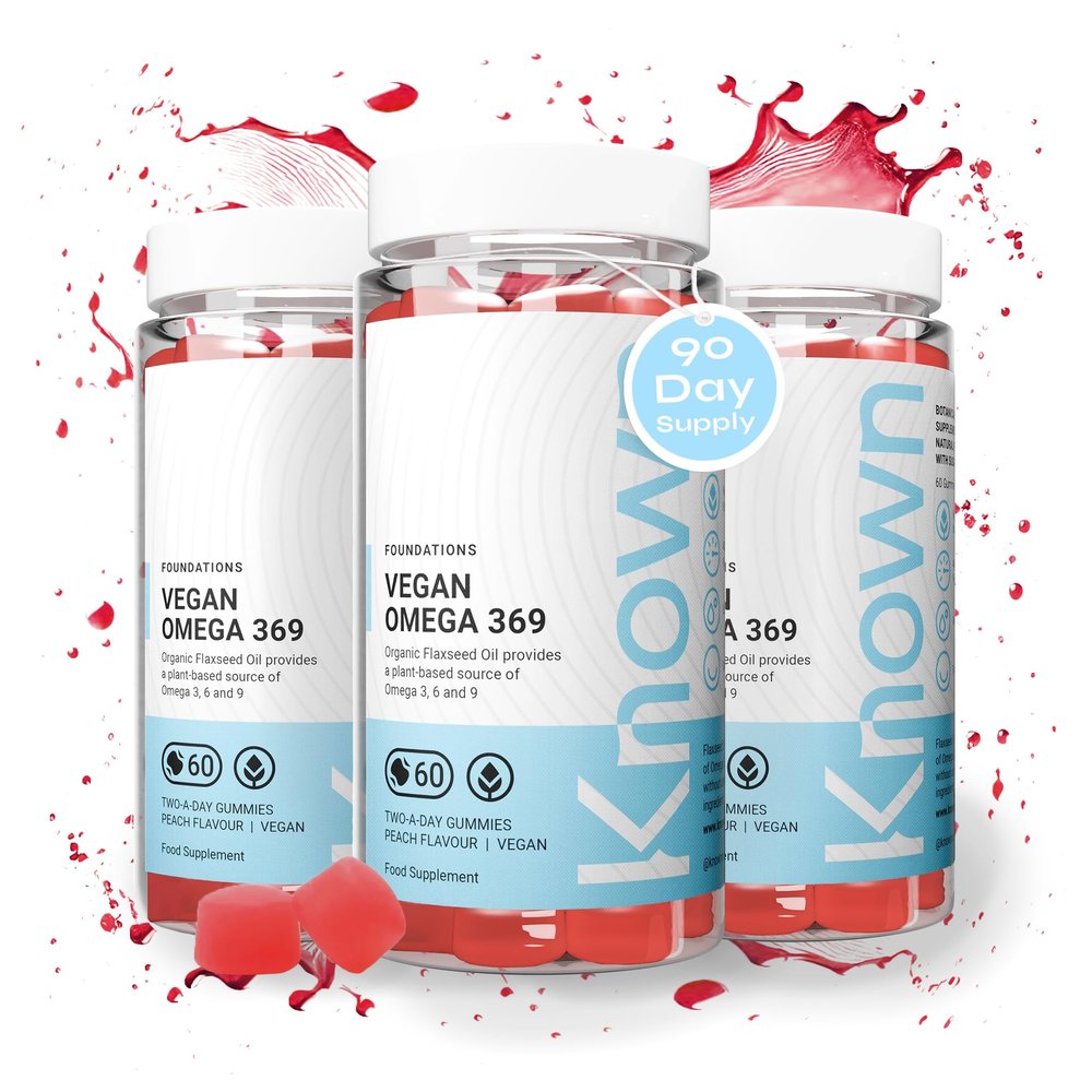 Known Tasty Vegan Omega 3 6 9 Gummies - 400mg Organic Flaxseed Oil - Supports Heart & Brain Health - Natural Peach Flavour - 60 Gummies, 3 Months Supply (3)