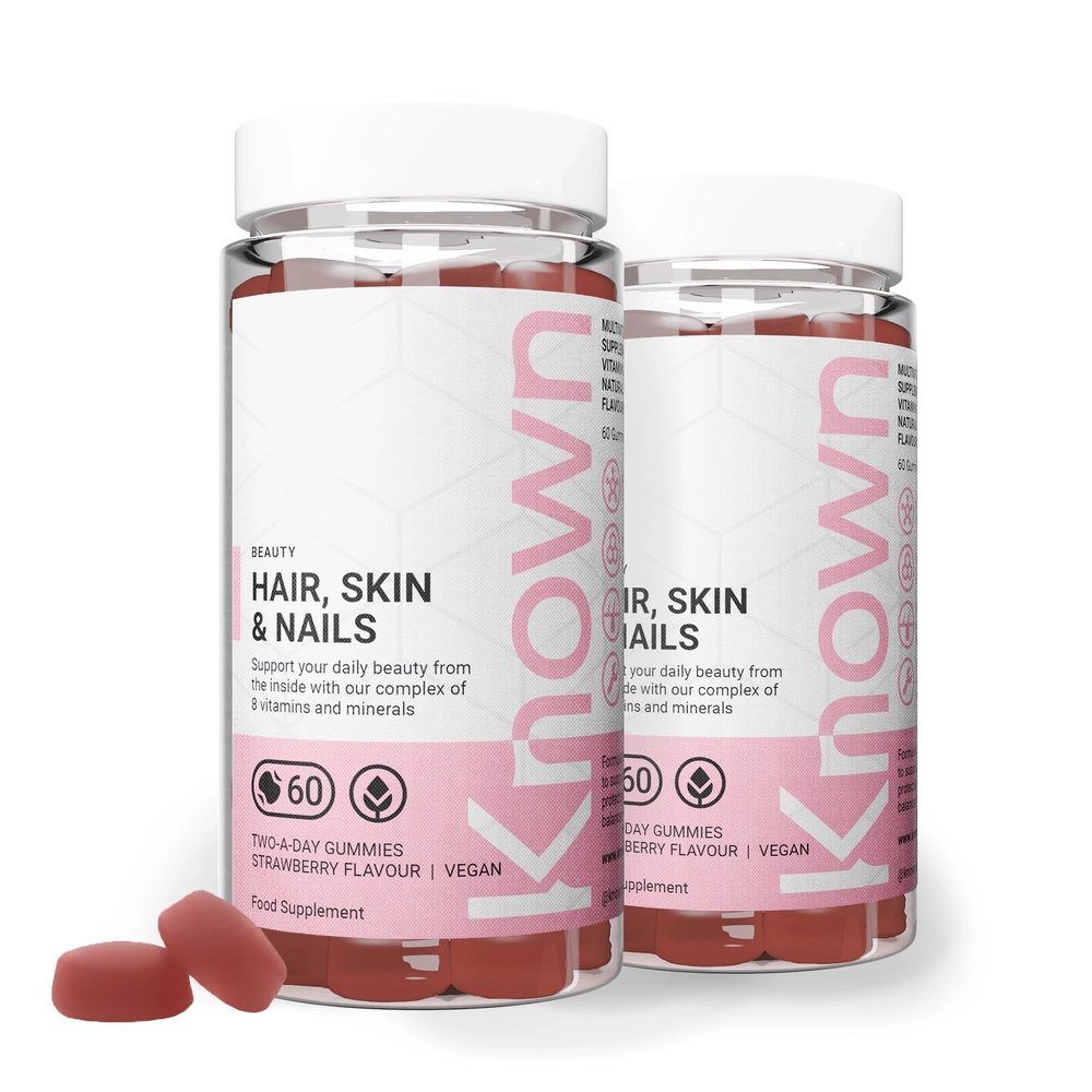 Known Tasty Hair, Skin & Nails Gummies - Multivitamin - Supports Beauty from Within - Natural Strawberry Flavour - 60 Vegan Gummies, 2 Months Supply