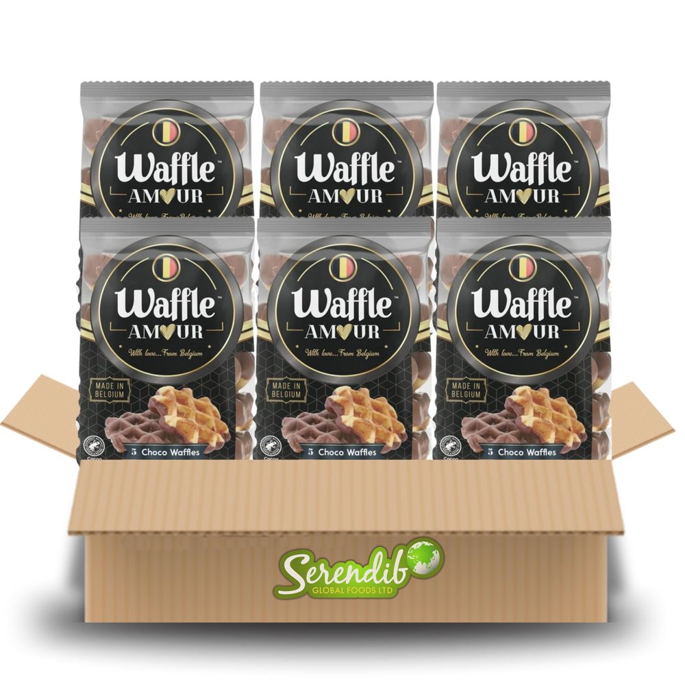 Waffle Amour CHOCO WAFFLES | 5 waffles with sugar pieces dipped in a chocolate flavoured coating in one Pack | Belgium Breakfast Treat | Crispy, Sweet, and Enjoyable (6 Packets)