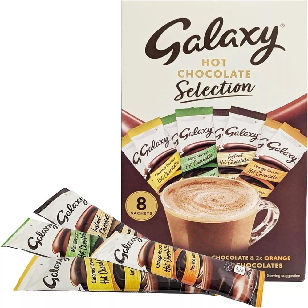 Galaxy Hot Chocolate Selection Powder Sachets, 8 x 25g, Caramel, Chocolate, Mint and Orange Flavours - Perfect for Christmas and Winter