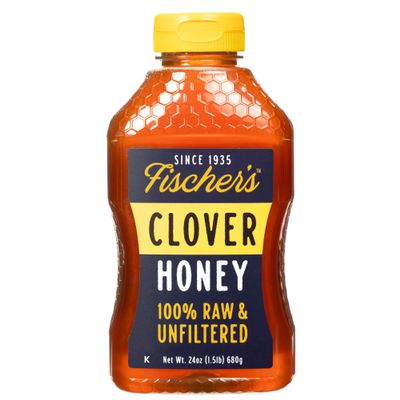 Fischer's 100% Pure Clover Honey - Unfiltered Raw Honey 24oz Squeeze Bottle - Pure Natural Sweetener - Rich Flavour Profile Packed With Nutrients