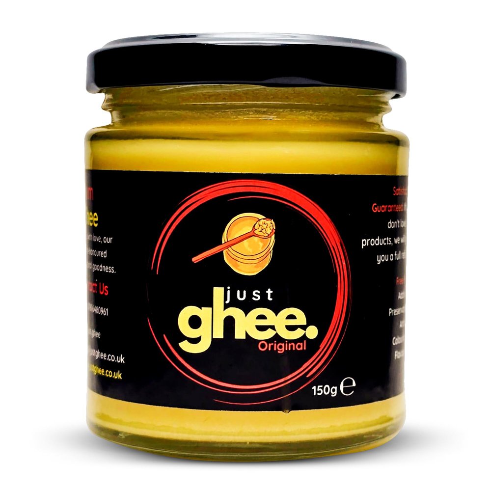 Just Ghee Original Cow Ghee 150g  Premium Grass Fed Ghee Butter  Pure Artisan Handmade Ghee for Cooking, Keto & Ayurveda  Lactose Free, High Smoke Point, Lab Tested, Non-GMO & Vegetarian