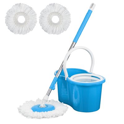 Crystals 360 Spin Floor Mop and Bucket Set - Microfibre Mop with Bucket and Wringer System - 2 Mop Heads - Spin Mop for Home Cleaning - Floor Cleaning Mop Set for Tile, Wood, and Marble Floors - BLUE