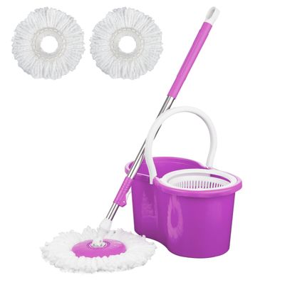 Crystals 360 Spin Floor Mop and Bucket Set - Microfibre Mop with Bucket and Wringer System - 2 Mop Heads - Spin Mop for Home Cleaning - Floor Cleaning Mop Set for Tile, Wood, and Marble Floors-PURPLE