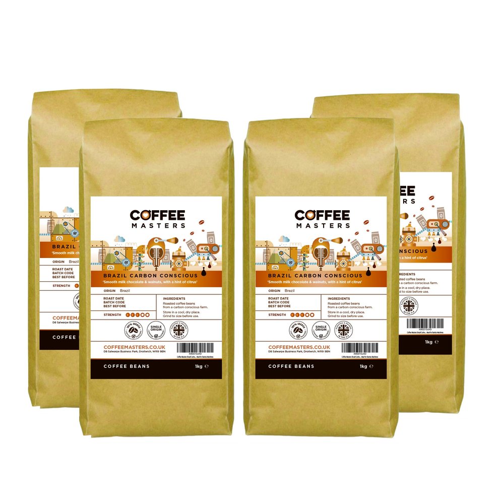Coffee Masters Brazil Carbon Conscious Coffee Beans 4x1kg - Single Origin, 100% Arabica for a Heavy Bodied Creamy Espresso - Medium Roasted Brazilian Bean, Ideal for Barista Machines