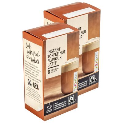 16 x Premium Instant Toffee Nut Flavour Latte Individual Coffee Sachets, Sweet & Smooth - 16 x 19.5g