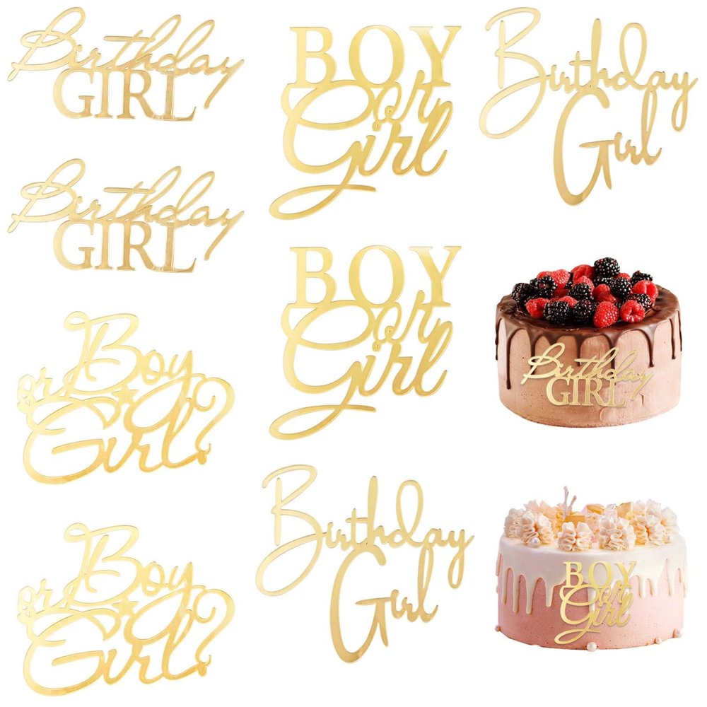 8 PACK Cake Topper, Gender Reveal Cake Decorations, for He or She, Gold Glitter, Party Photo Booth Props, Acrylic Gold Cake Toppers