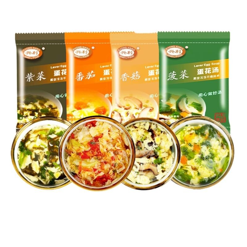 Instant fresh vegetable soup, freeze-dried mushroom soup, brewed spinach seaweed tomato soup, breakfast substitute soup, wild vegetable soup, nutritious soup, side dishes (4 Flavor Mix,4 packs)
