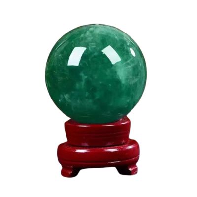 HHCTEBEC Natural Green Crystal Ball with Wooden Base Green Fluorite Ball Feng Shui Crystal Sphere for Meditation Divination Healing Photography Decoration,14cm/5.5in