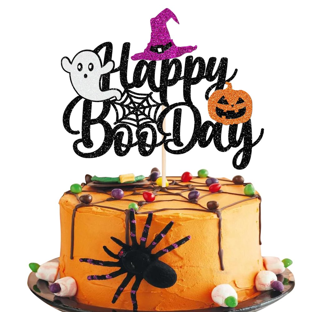 Rsstarxi 1 Pack Happy Boo Day Cake Topper Glitter Ghost Pumpkin Wizard Cake Pick for Halloween Theme Baby Shower Birthday Halloween Party Cake Decorations Supplies