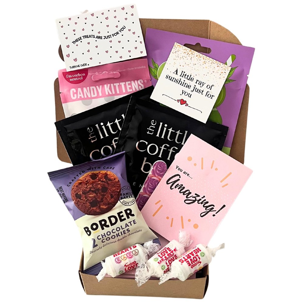 Little Box of Sunshine 10 Item Gift for Her, Hug in a Box - Care Package for Her - Tea, Face Mask & Nail File Pamper Box | Letterbox Gifts with Coffee, Notepad and Face Mask Gifts for Women (Purple)