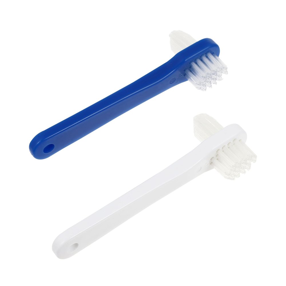 Beaupretty Double-Sided Denture Brush 2pcs Set with White and Blue Handles, T-Shape False Teeth Cleaner for Effective Denture Cleaning and Retainer Care in Oral Hygiene