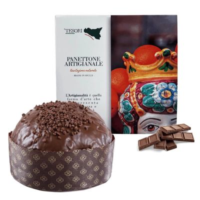 Tesori di Sicilia Sicilian Chocolate Artisan Panettone, "A donna Lisabetta" Box, Naturally Leavened Panettone 1Kg, Christmas Gift Idea