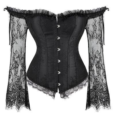 2025 Lace Long Sleeves Waist Bustier Top Gothic Victorian Overbust Corset Vintage Shoulder Cosplay Steampunk Corset