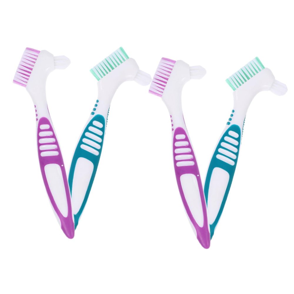 KOMBIUDA Dentures Cleaning Brush 4pcs Set Large Anti-Slip Handle Remover Tool Dental Appliance Brush for False Teeth and Retainers Cleaning with Green and Purple Bristles