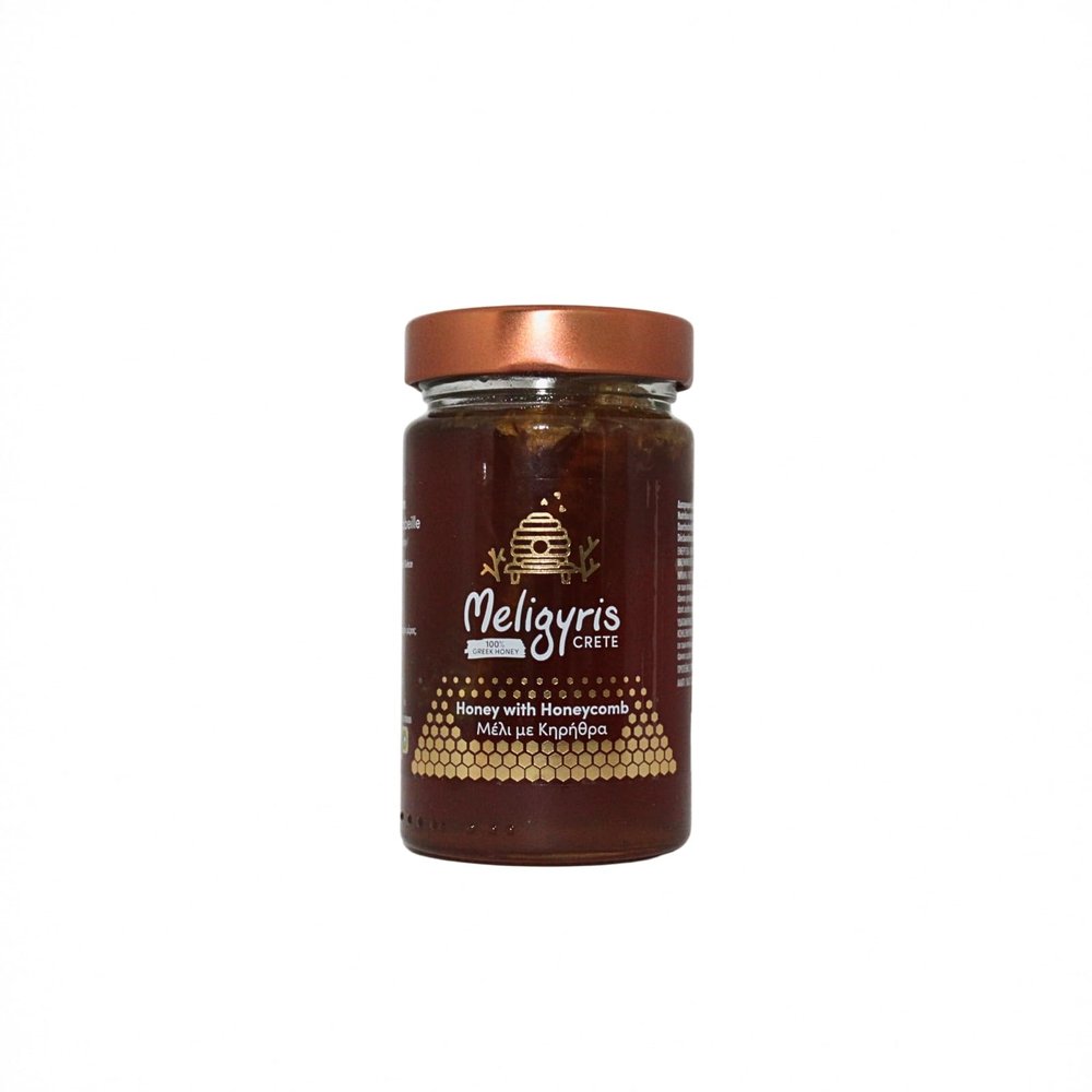Meligyris - Greek Honey with Honeycomb  100% Natural, Raw & Unfiltered  Artisan Honey from Crete with Edible Honeycomb, 450g