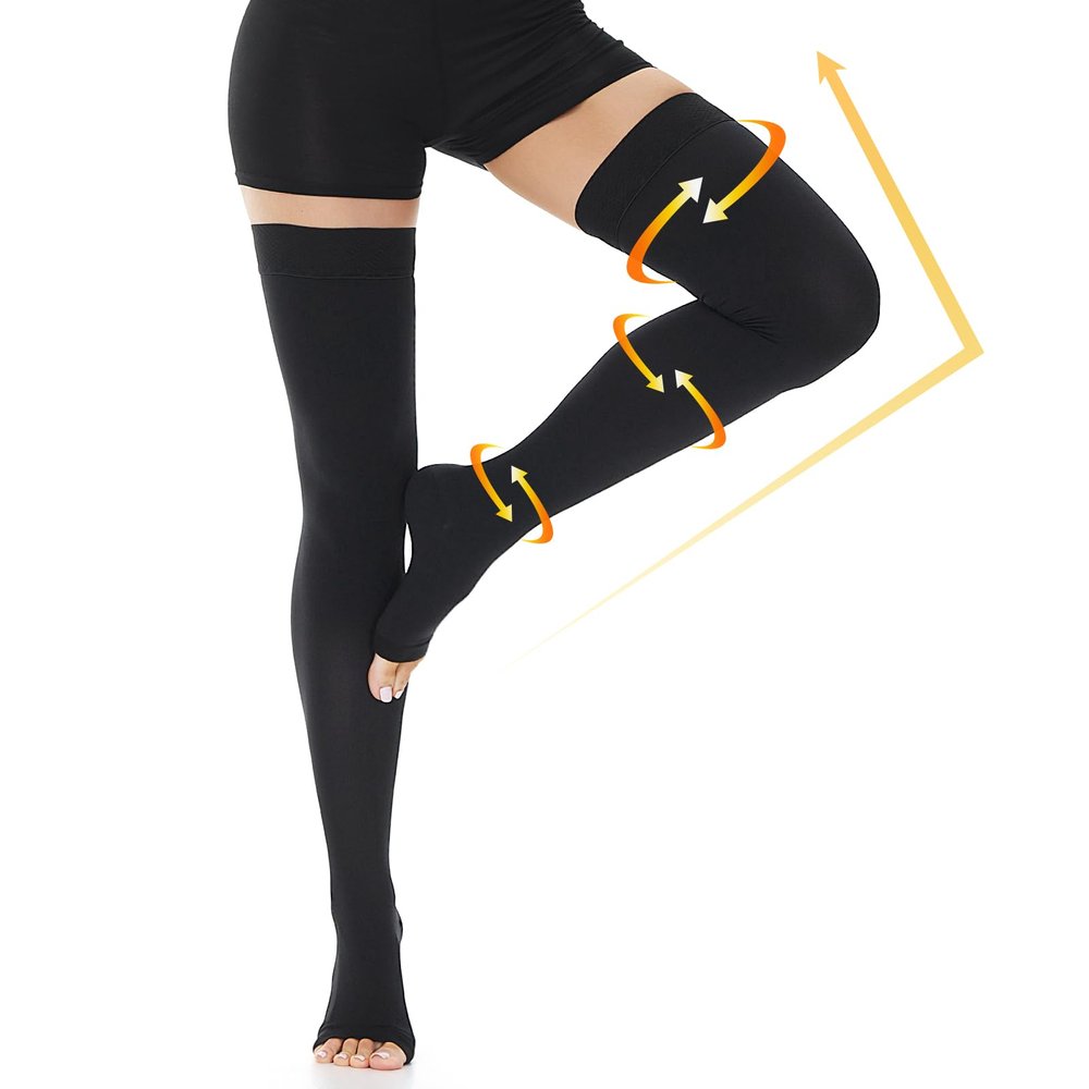 Beister 1 Pair Compression Stockings for Women & Men, 20-30 mmHg Thigh High Pressure Stockings with Dot Silicone Band, Open Toe Compression hose for Varicose Vein, Flight, Edema, DVT