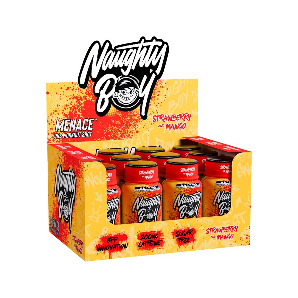 Naughty Boy Menace Pre-Workout Shot, Ready to Drink Food Supplement with Beta Alanine, Caffeine, GlycerPWR and Vitamin B3 and B12, Strawberry Mango Flavour, 12-Pack, 12 x 60ml