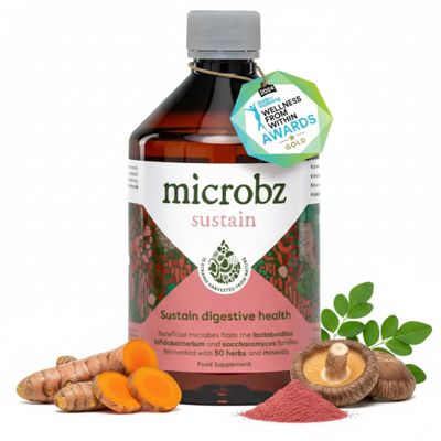 MICROBZ Sustain Liquid Probiotics for Gut Health  Award-Winning Probiotic Supplement with 15 Strains & Fermented Herbs for Bloating Gluten Free & Vegan Probiotic for Women & Men - 31 Servings