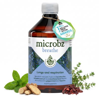 MICROBZ Breathe Liquid Probiotics for Gut Health  Award-Winning Probiotic Supplement with 15 Strains & Fermented Herbs for Respiratory Health  Gluten Free & Vegan Probiotic Drink  31 Servings