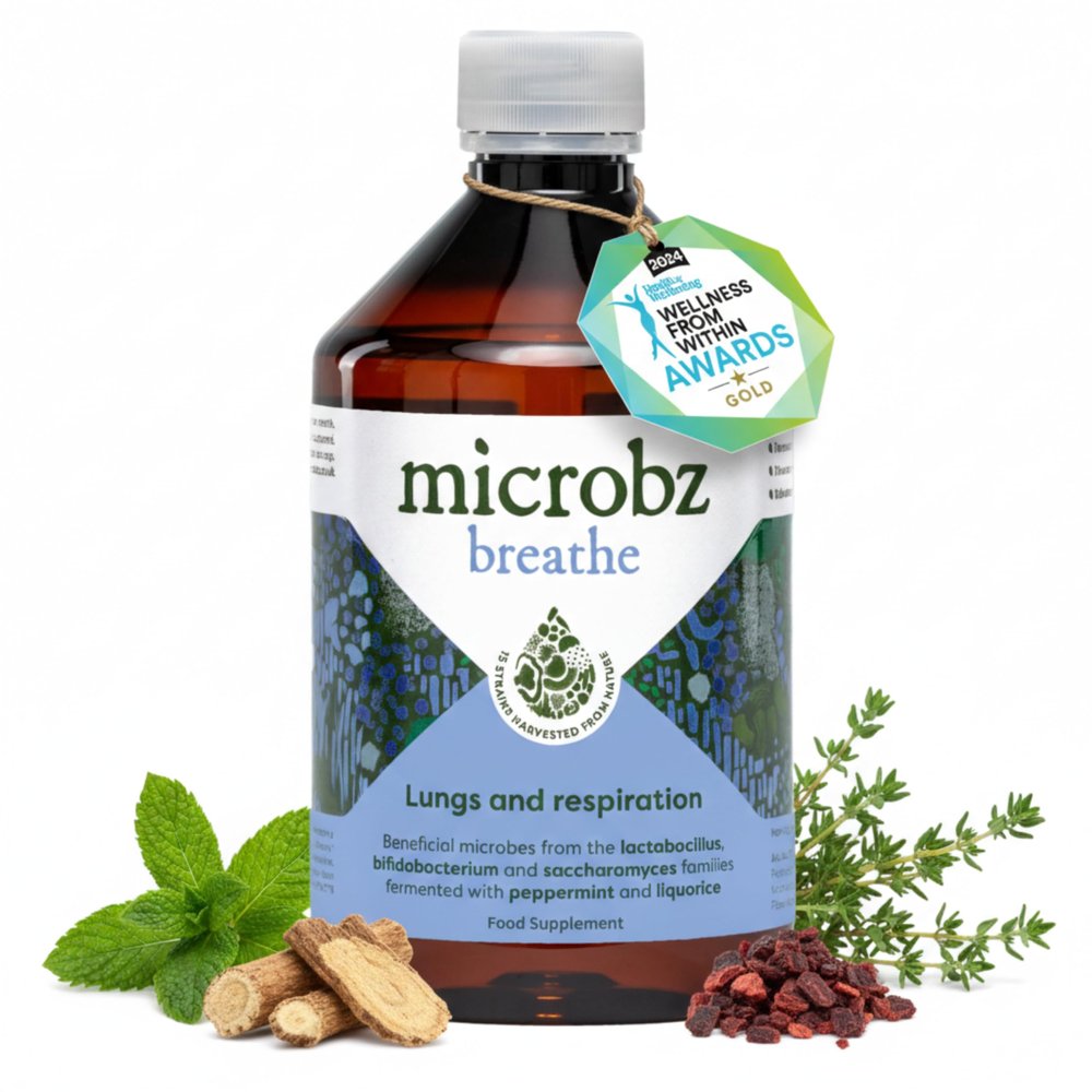 MICROBZ Breathe Liquid Probiotics for Gut Health  Award-Winning Probiotic Supplement with 15 Strains & Fermented Herbs for Respiratory Health  Gluten Free & Vegan Probiotic Drink  31 Servings
