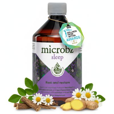 MICROBZ SLEEP Liquid Probiotics for Gut Health, Award-Winning Probiotic Supplement with 15 Strains & Fermented Herbs for Restful Sleep  Gluten Free Vegan Probiotic Drink for Women & Men  31 Servings