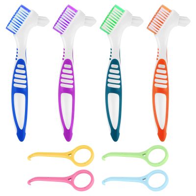 4 pcs Denture Brushes, Dual-Head Denture Cleaning with Aligner Removal Tool, Multi-Layer False Teeth Set Portable Toothbrush Cleaner for Denture Cleaning, Retainer Cleaning, Oral Care