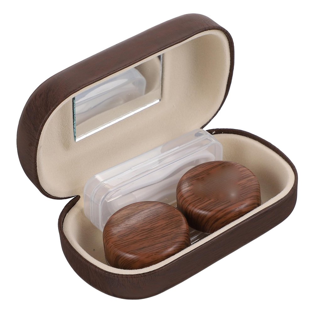 FRCOLOR Sturdy Contacts Lens Case with Leak-Proof Plastic and Leather Lining Easy to Carry Brown Eyes Lens Container for Travel