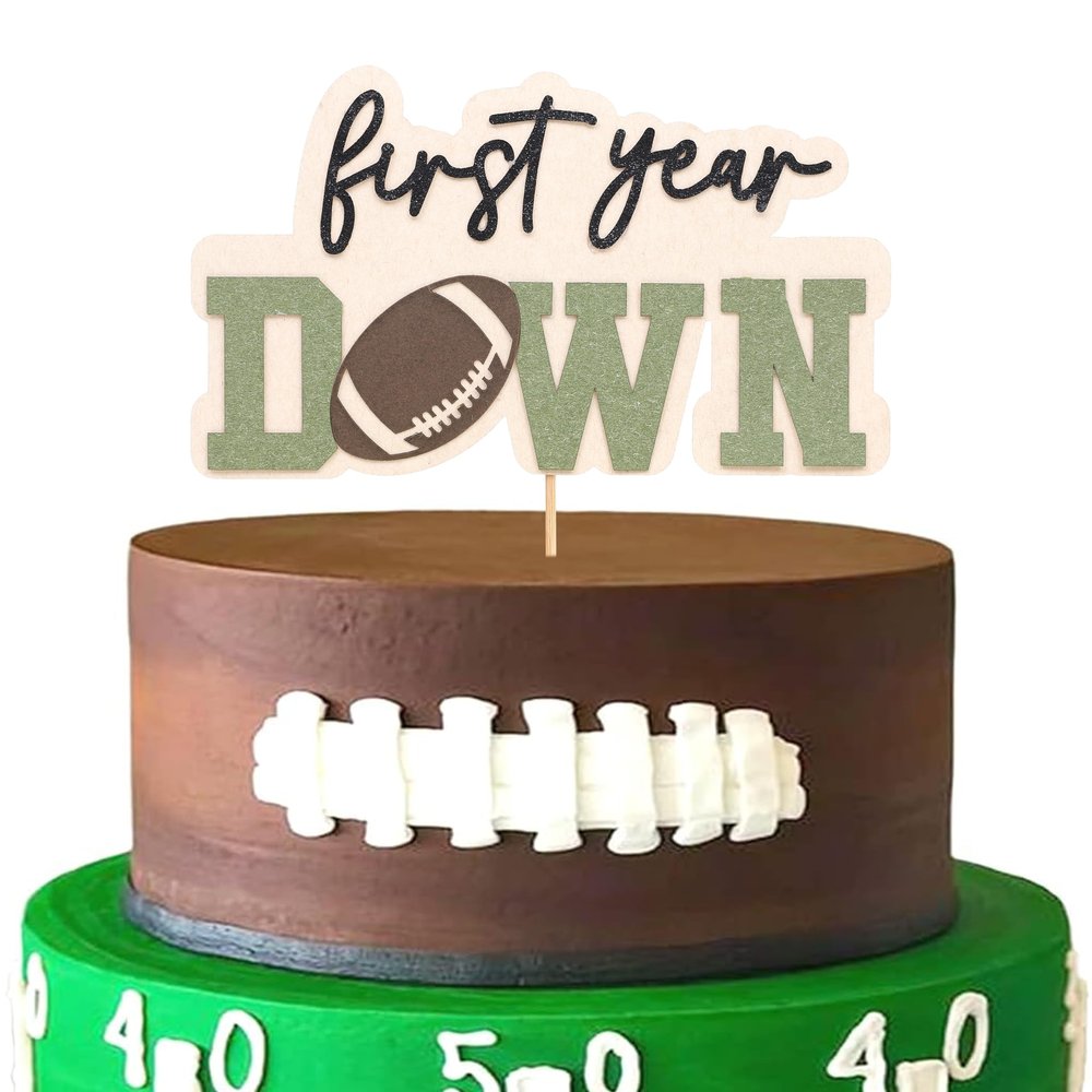 First Year Down Cake Topper - Football One Birthday Decorations,Super Bowl Party Photo Props,Sports 1st Birthday Football Cake Topper,Little Athlete Smash Football Cake Decorations