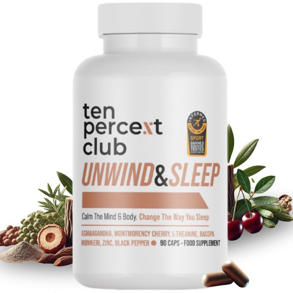 Ten Percent Club Unwind & Sleep, Mushroom Complex for Stress & Rest  Natural Sleeping Aid, Ashwagandha, L-Theanine, Zinc Capsules, Deep Relaxation & Nighttime Recovery Support - 90 Capsules