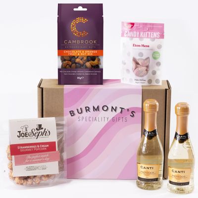 The Prosecco and Treats Hamper For Her - Two Small Prosecco, Cambrook Chocolate Orange Fruit & Nut Mix, Joe & Seph's Popcorn & Candy Kittens - Hamper Exclusive To Burmont's