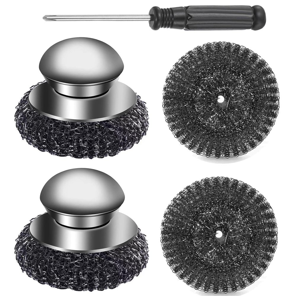 Klfte 2Pack Steel Wool Scrubber Set,Stainless Steel Scrubber with Stainless Steel Handle for Cleaning Dishes, Cast Iron, Stock Pots, Pans, Griddles, Grills