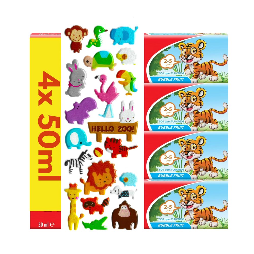 4 Pack Bundle - Colgate Kids Bubble Fruit Toothpaste, 4 x 50ml, Ages 2-5 Years (Packaging May Vary). A Hadco Bundle with Our Complimentary Puffy Sticker Sheet (Sticker Design Picked at Random)