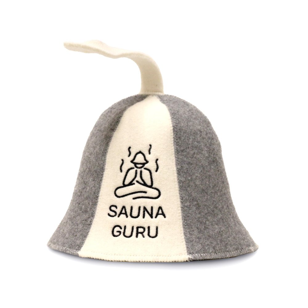 Sauna Guru Sauna Hat White and Gray - 100% Organic Wool Felt Hats for Russian Banya - Protect Your Head from Heat - English Sauna eBook Guide Included - with Embroidery