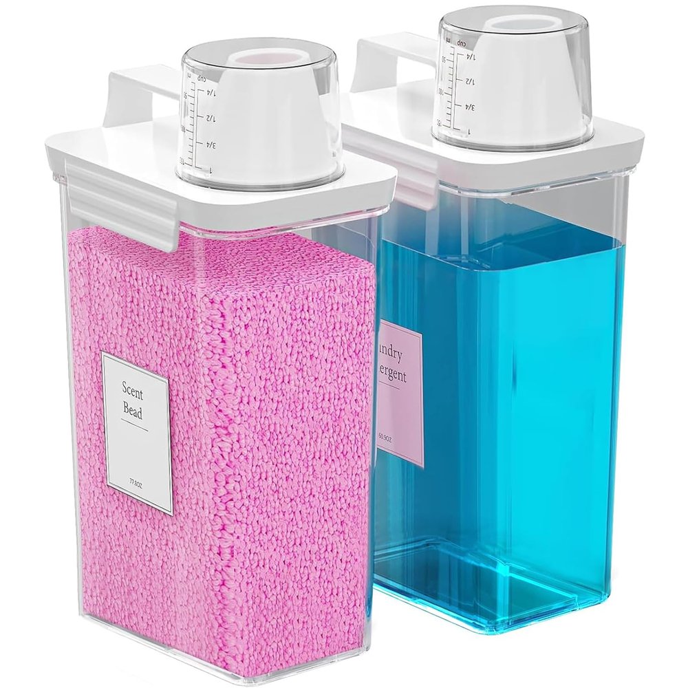 Hordely 77.8 OZ Laundry Detergent Dispenser, 2 Pack Liquid Laundry Detergent Powder Container, Plastic Fabric Softener Dispenser for Laundry Room with Labels, Clear