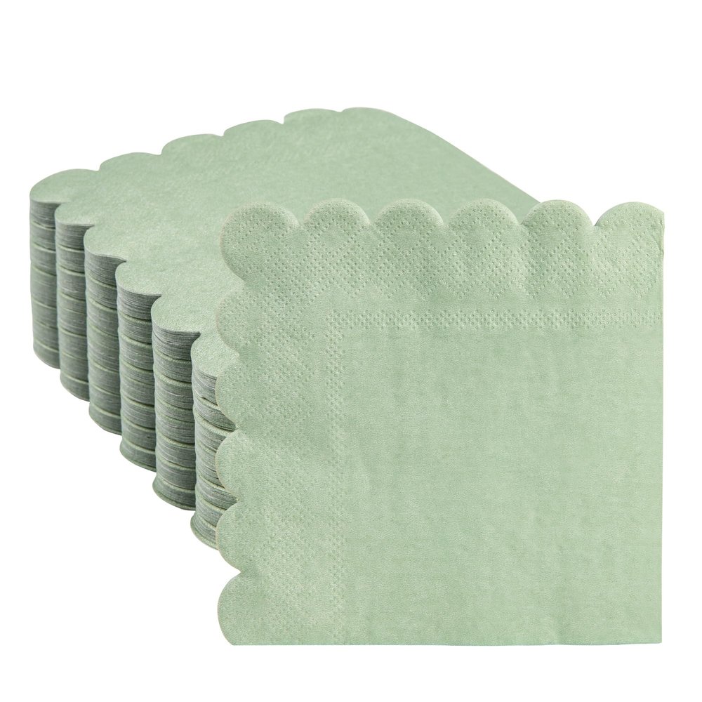 100 Pack Disposable Cocktail Napkins, 5 x 5 Inches, 2-Ply, Scalloped Edge, for Dinner Wedding Birthday Party Bridal Anniversary Reception Event (100, Sage Green)