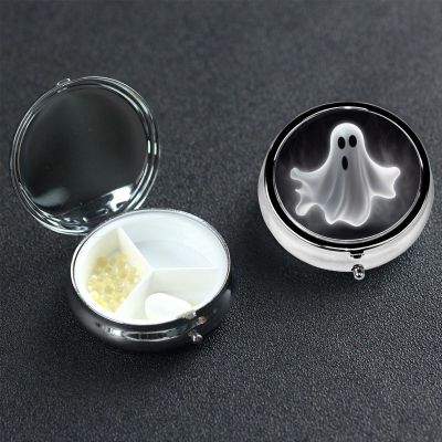 Round Pill Box Pill Case Weekly Pill Organizer with 3 Compartments Black and Halloween Ghost Pillbox Small Pill Container Portable Vitamin Holder Boxes for Supplements Medicine Organizer for Pill