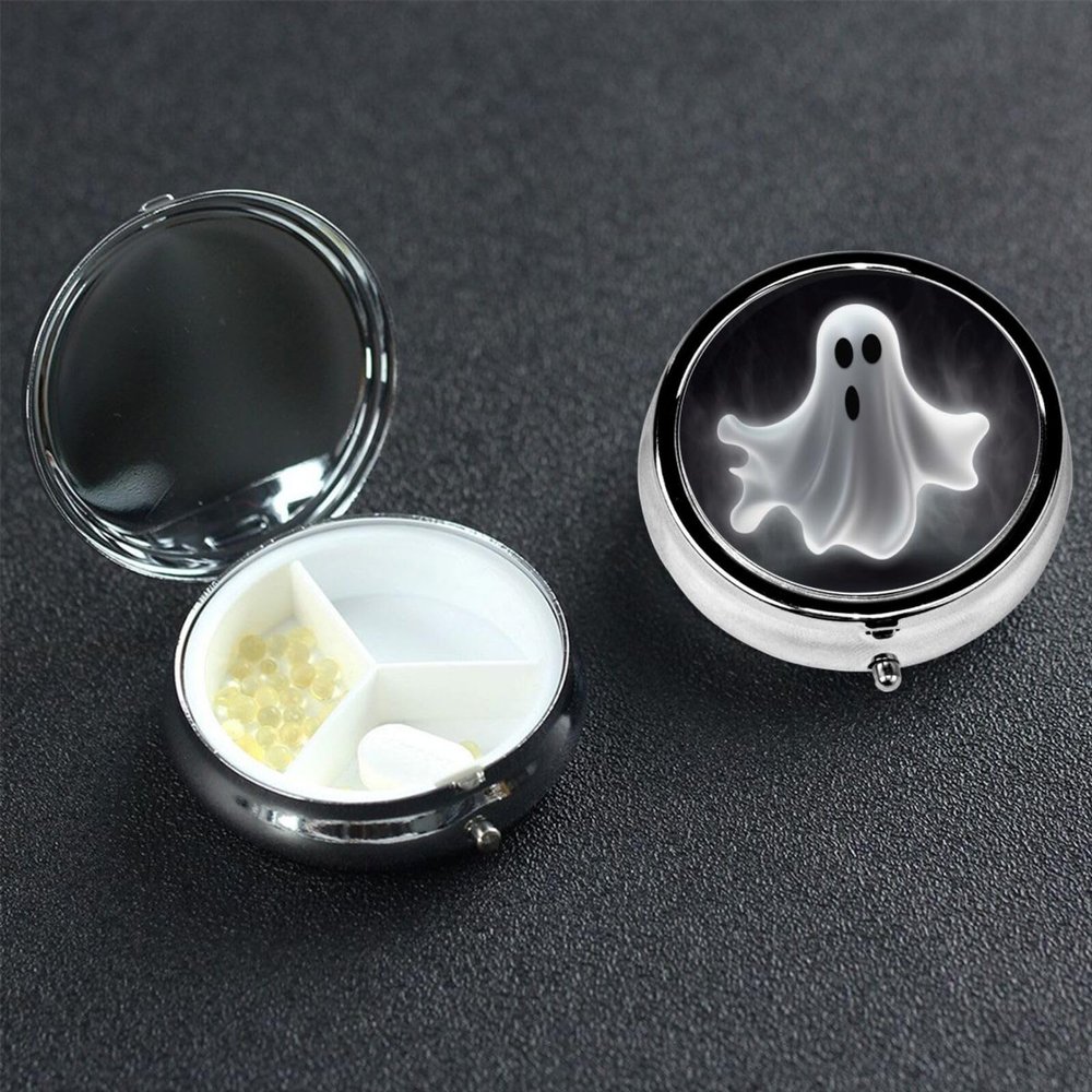 Round Pill Box Pill Case Weekly Pill Organizer with 3 Compartments Black and Halloween Ghost Pillbox Small Pill Container Portable Vitamin Holder Boxes for Supplements Medicine Organizer for Pill