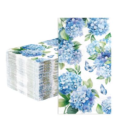 100Pcs Hydrangea Paper Napkins 3 Ply Watercolor Blue and White Floral Butterfly Disposable Absorbent Hand Towel Spring Pretty Flower Guest Dinner Napkin for Bridal Shower Bathroom Tea Party Supplies