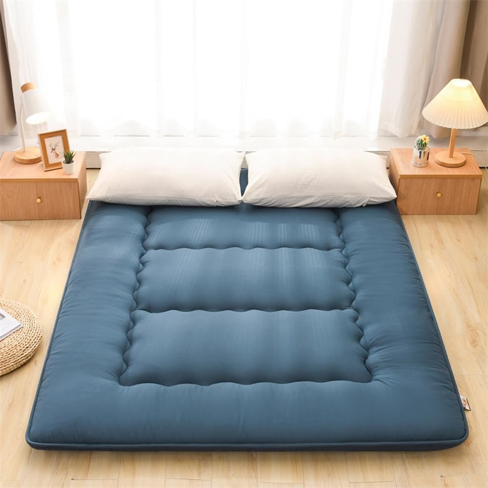 10cm Thick Floor Guest Bed Japanese Futon Mattress,Single/Twin/Queen/King Size Foldable Tatami Mat,Portable Roll Up Travel Camping Bed (Blue,180x200cm)