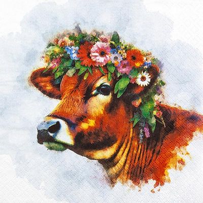 20 Napkins Animals Cow with Flower Wreath as Table Decoration Paper Napkins with Motif Also for Decoupage and Decoupage 33 x 33 cm
