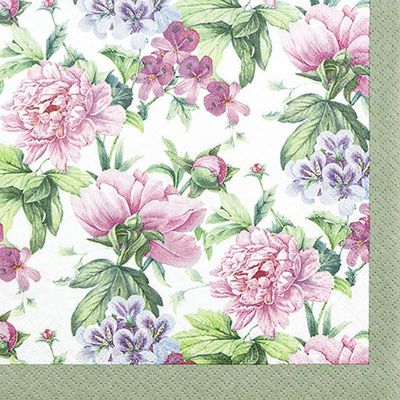 20 Napkins Flowers Peonies on Green Border as Table Decoration Paper Napkins with Motif Also for Decoupage and Decoupage 33 x 33 cm