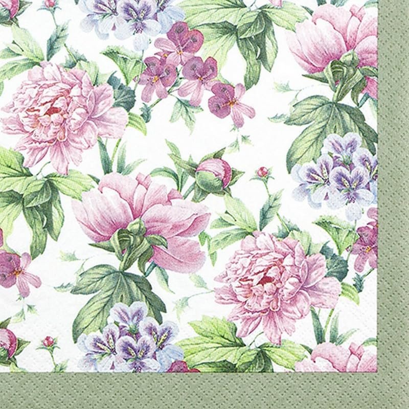 20 Napkins Flowers Peonies on Green Border as Table Decoration Paper Napkins with Motif Also for Decoupage and Decoupage 33 x 33 cm