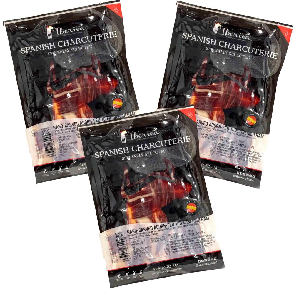 3x 80g Spanish Reserve Sliced 100% Acorn-fed HAM Iberico 36 months cured Iberian Sliced Meat Acorn-fed IBERICA FOOD