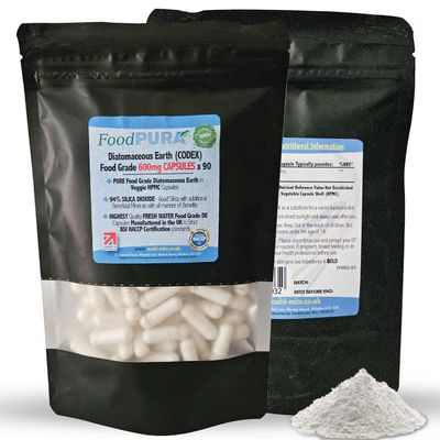 FoodPURA 90 X Food Grade Diatomaceous Earth Capsules (Codex) Pure White 94% Silica Fresh Water Sourced 600mg - Capsules, The SAFEST Way to take Supplements!