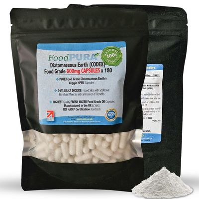 FoodPURA 180 X Food Grade Diatomaceous Earth Capsules (Codex) Pure White 94% Silica Fresh Water Sourced 600mg - Capsules, The SAFEST Way to take Supplements!