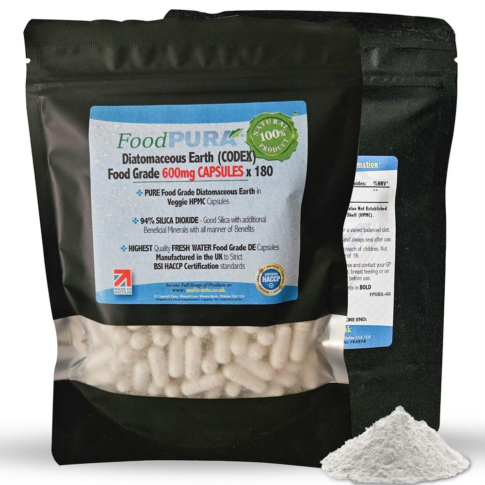 FoodPURA 180 X Food Grade Diatomaceous Earth Capsules (Codex) Pure White 94% Silica Fresh Water Sourced 600mg - Capsules, The SAFEST Way to take Supplements!