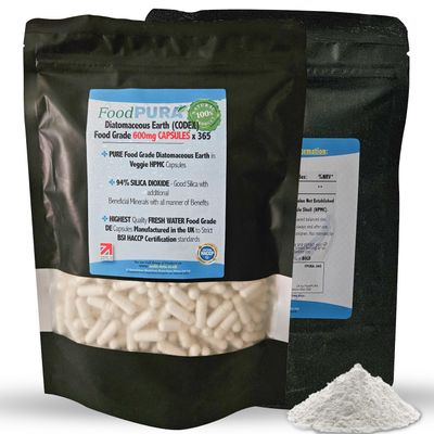 FoodPURA 365 X Food Grade Diatomaceous Earth Capsules (Codex) Pure White 94% Silica Fresh Water Sourced 600mg - Capsules, The SAFEST Way to take Supplements!